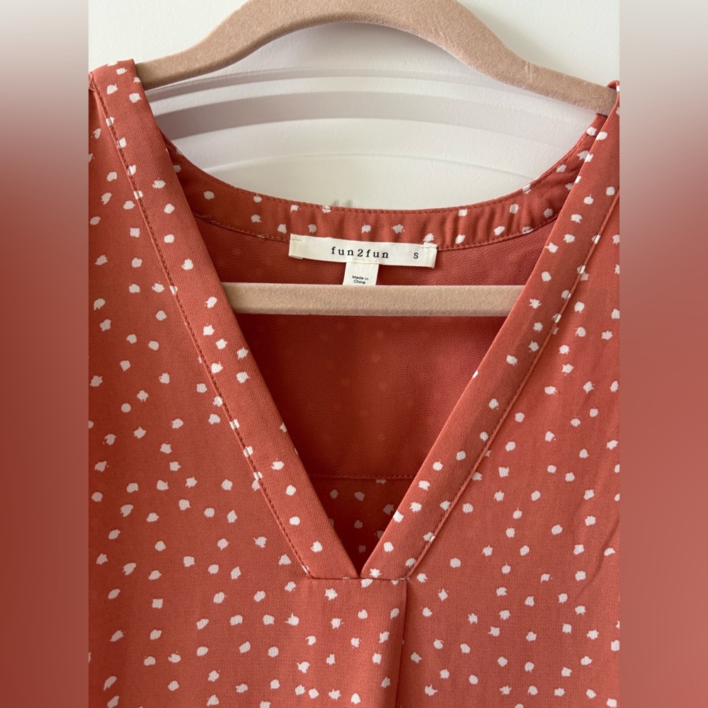 fun 2 fun- Women's Coral Polka Dot V-Neck Top - Picture 2 of 4